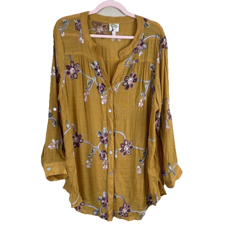 Fig & Flower‎ Blouse Women's 2X Tunic Top Yellow Embroidered Floral Roll Sleeve